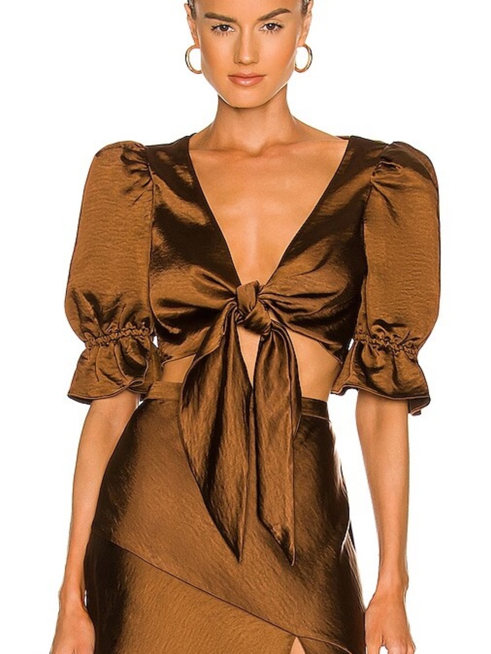 LPA Brown Satin Tie-Front Puff Sleeve Crop Top
